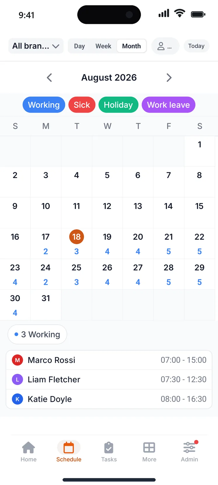 Zero re-skinned in orange for a café, showing a week grid with split shifts and evening service