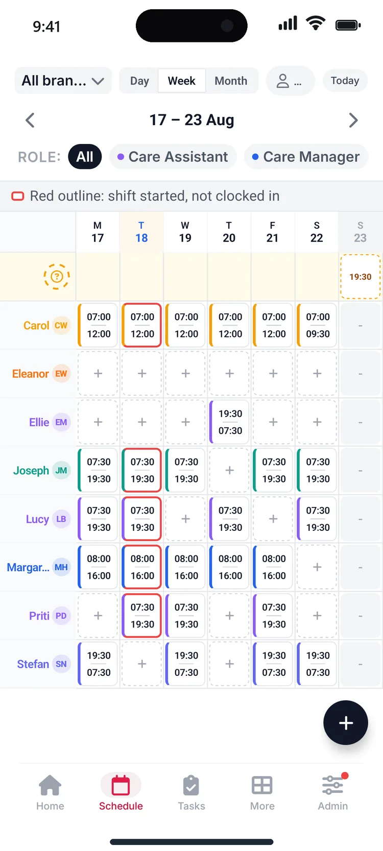 A care home rota with 12-hour day shifts and overnight night shifts